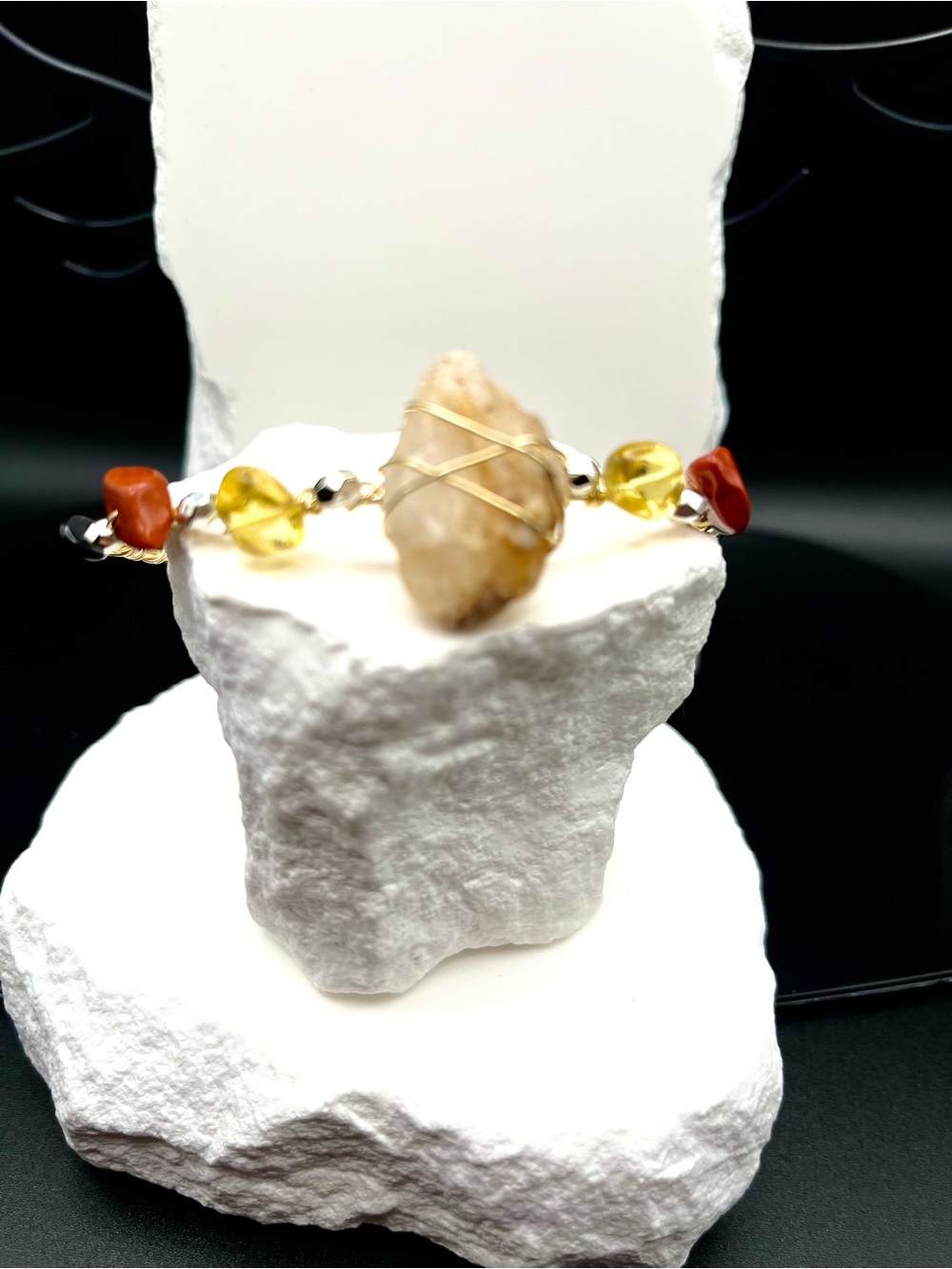 Handcrafted Milky Quartz,Citrine & Carnelian Wire-Wrap Bracelet - Gold Tone
